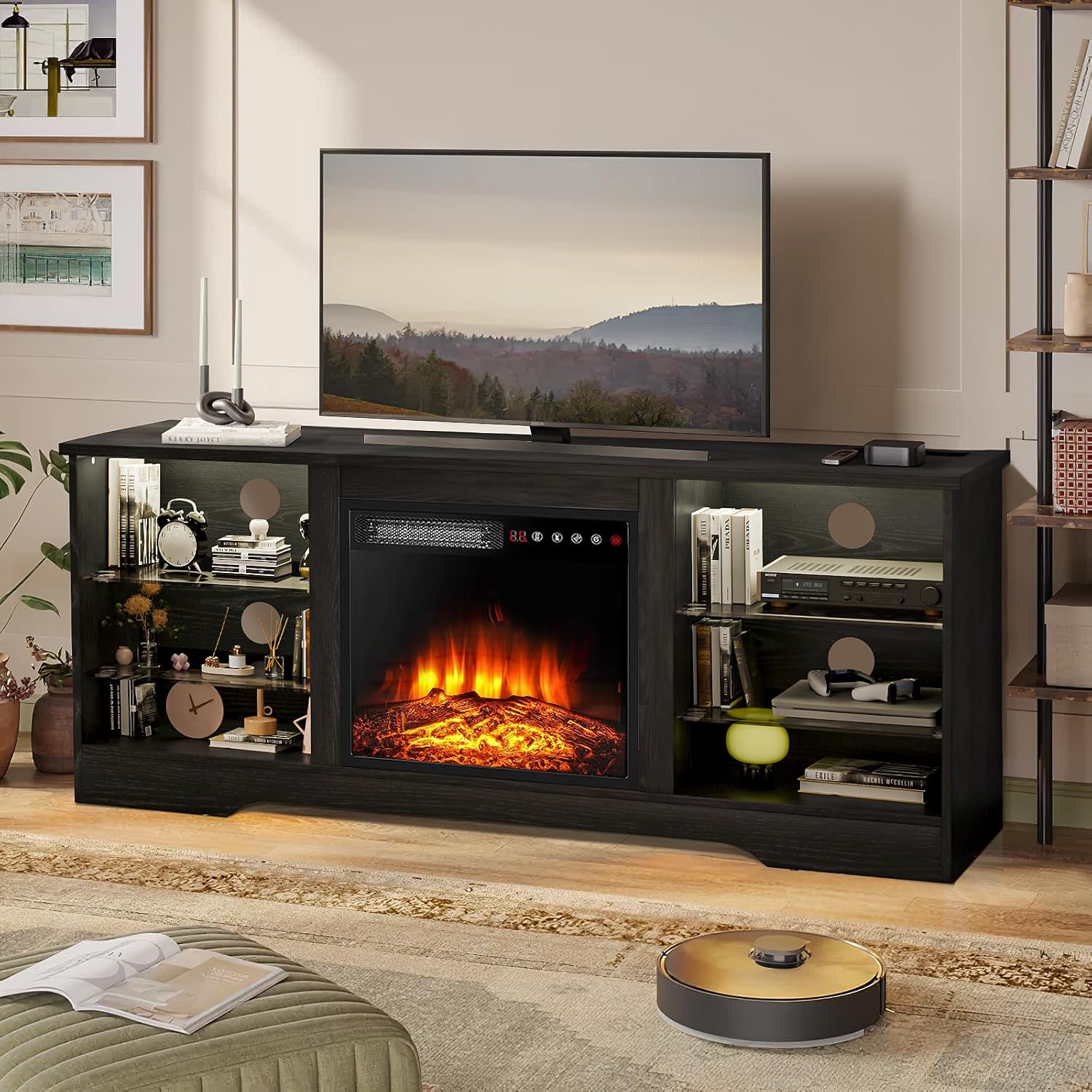 Lemberi 58 Inch Fireplace TV Stand for TVs up to 65 Inches Black Wooden Modern Entertainment Center with 18 Inch Electric Fireplace and LED Lights - Image 2