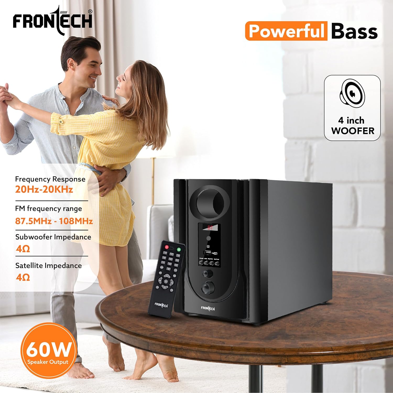 FRONTECH 4.1 Channel Bluetooth 5.0 Speaker System 60W USB FM LED Display Black - Image 3