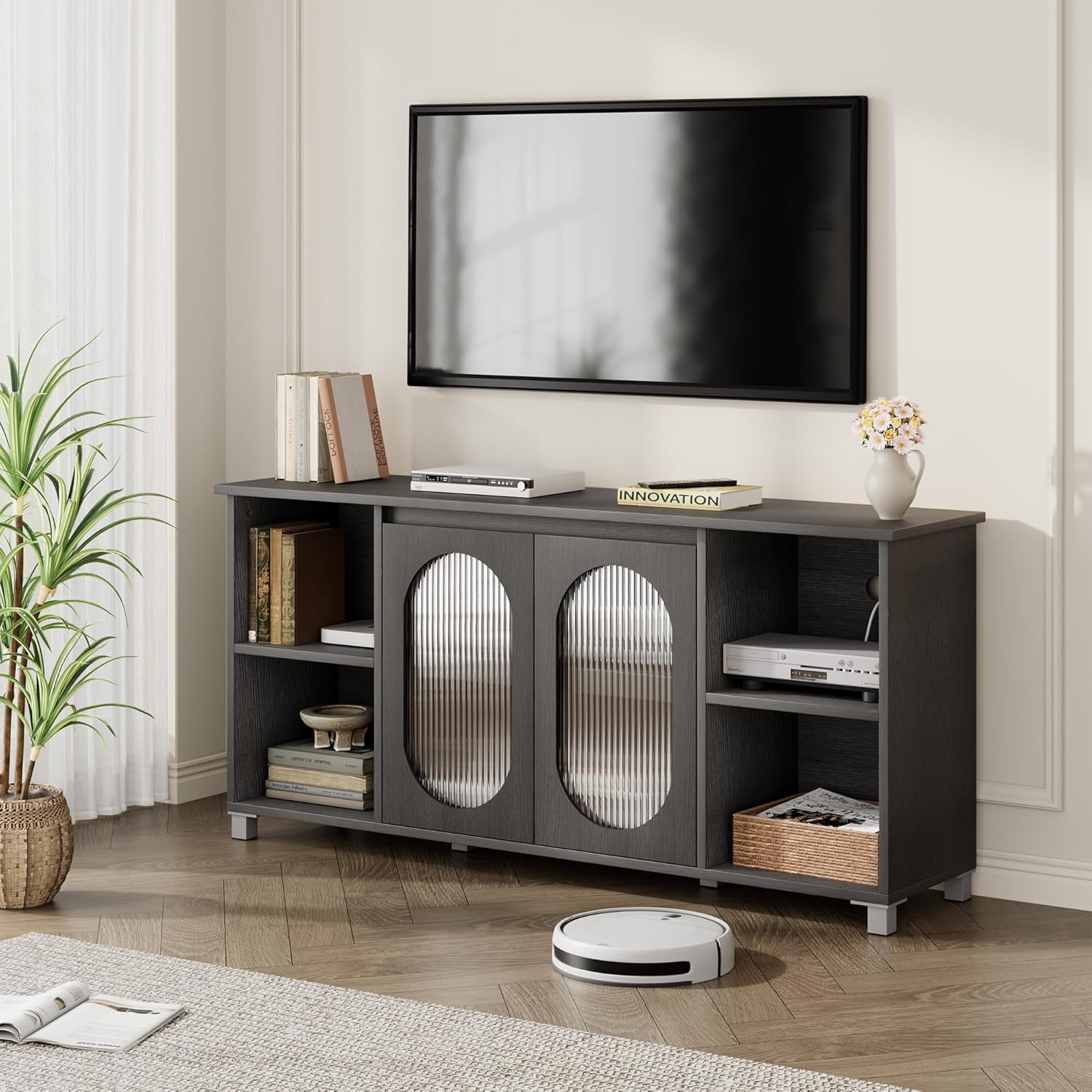 IDEALHOUSE 70 Inch Retro Black TV Stand with Corrugated Glass Cabinet Doors and 4 Open Shelves - Image 5