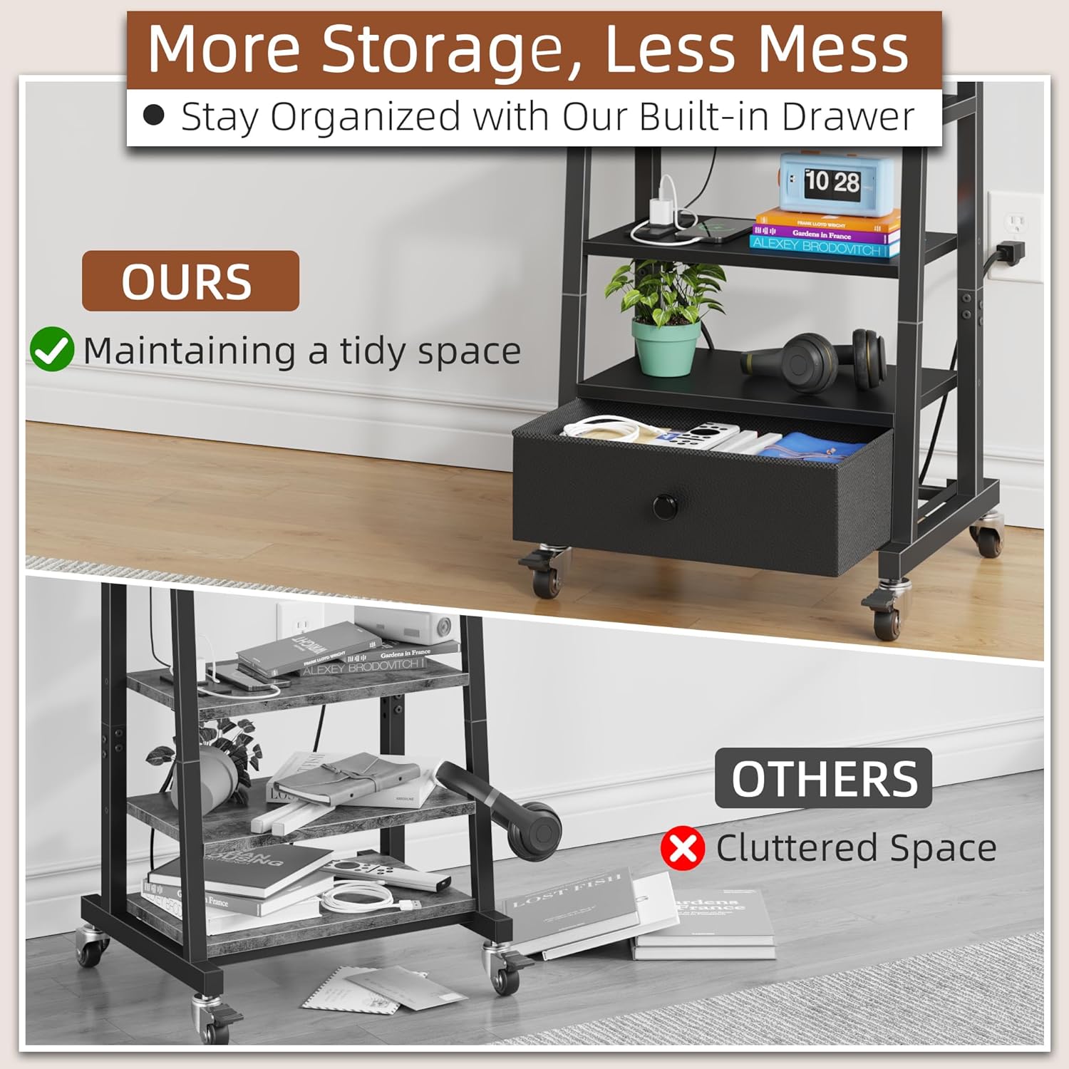 Rolling TV Stand with Mount and Fabric Drawer - 15 Inch Black Entertainment Center - Image 4