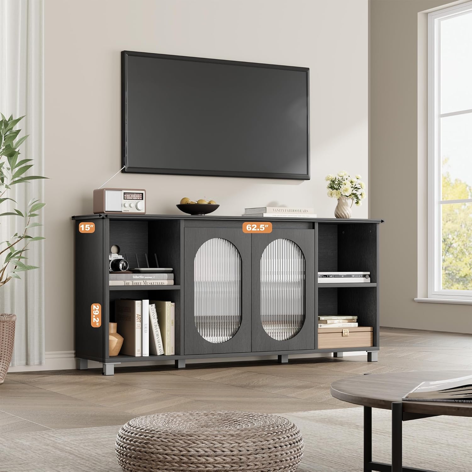 IDEALHOUSE 70 Inch Retro Black TV Stand with Corrugated Glass Cabinet Doors and 4 Open Shelves - Image 4