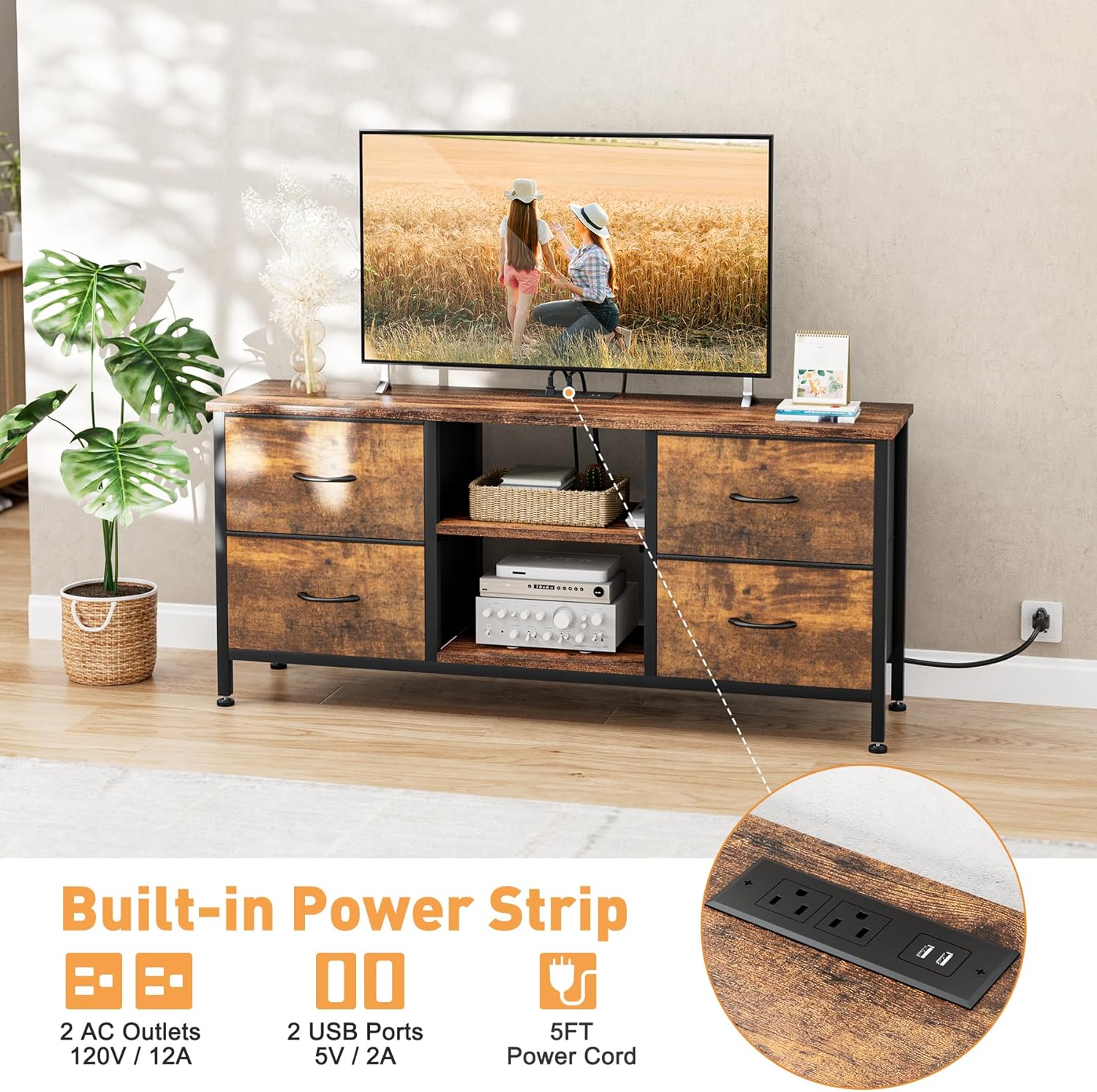 Rustic Brown TV Stand Dresser for 50 inch TVs with Power Outlet and 4 Fabric Drawers - Image 7