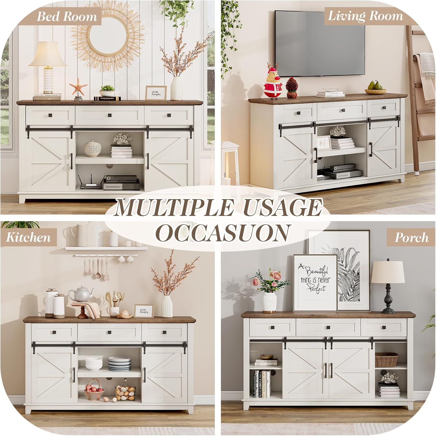 59 Inch Rustic White Barnwood Farmhouse TV Stand with Sliding Door and Drawer Buffet Storage - Image 6