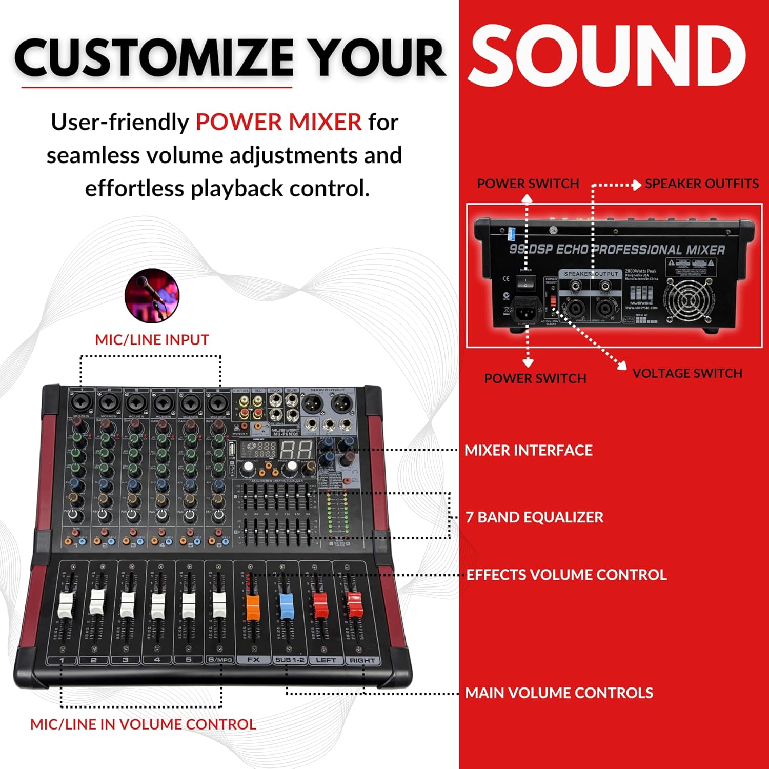 MUSYSIC Portable 2000W PA System 6 Channel Mixer with UHF Wireless Microphone and 10 Inch 800W Speaker, Includes Stands - Image 3