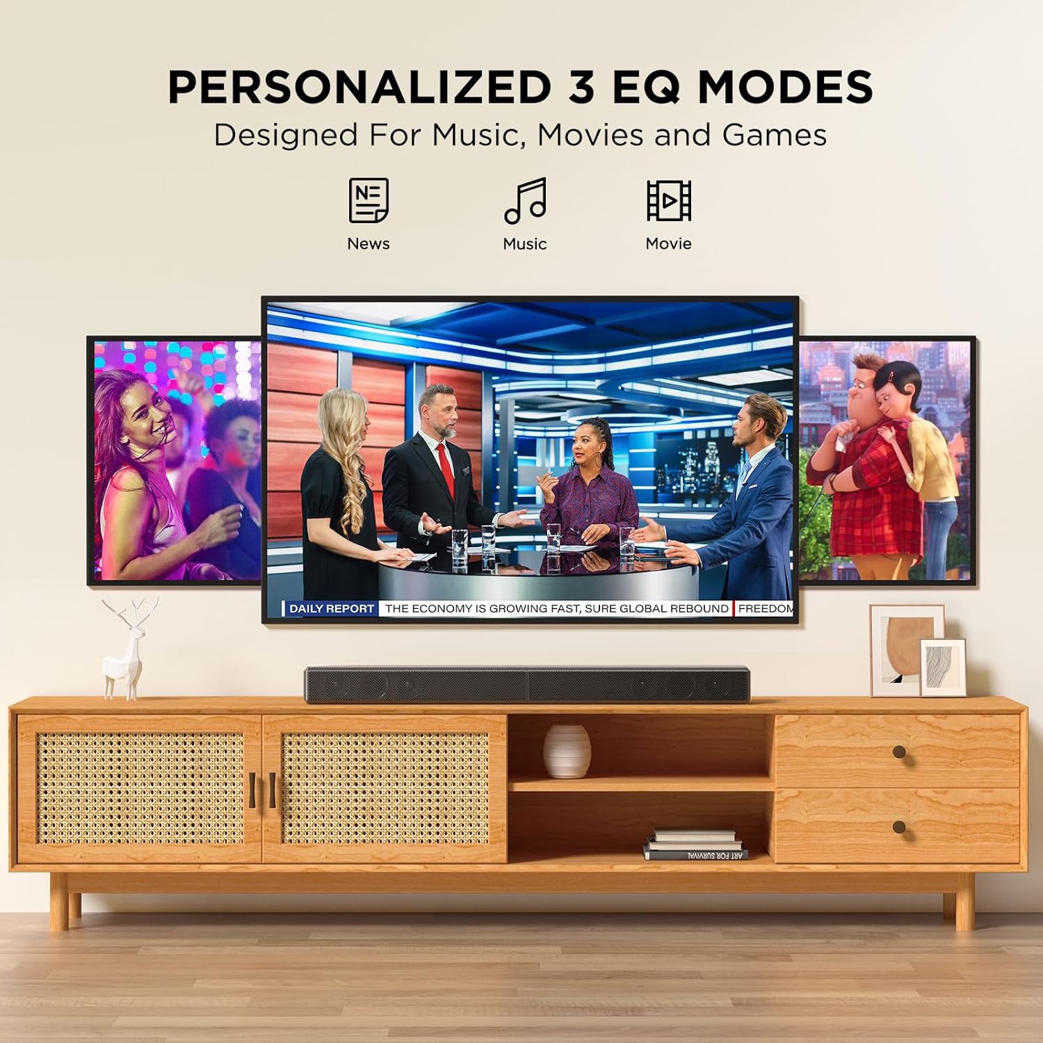 2.2ch 100W Smart TV Sound Bar 2-in-1 Detachable Bluetooth 5.3 Speaker 3 EQ Modes Adjustable Bass - Image 4