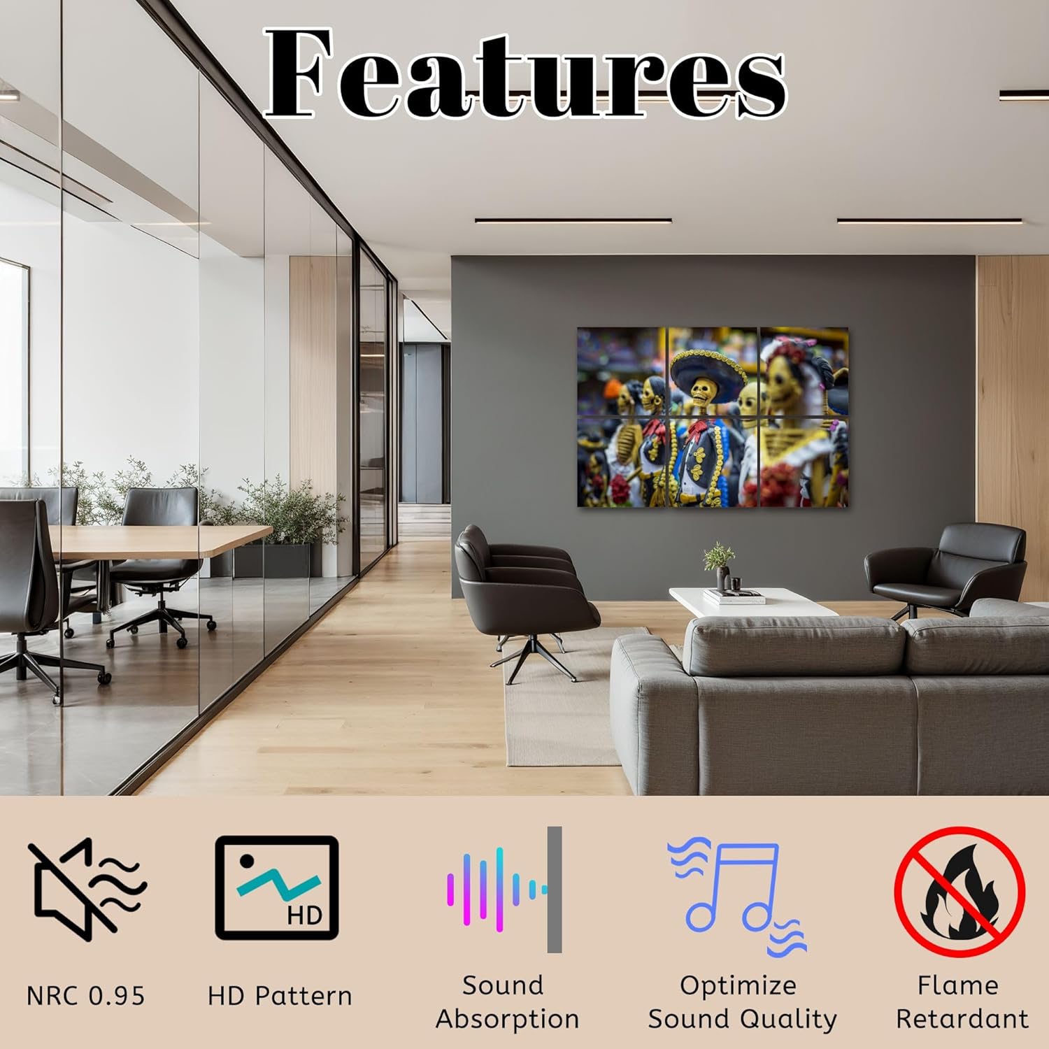 Mexican Calacas 6 Panel Art Acoustic Wall Panels Soundproof Padding Decorative Sound Absorbing 72"x48" - Image 2