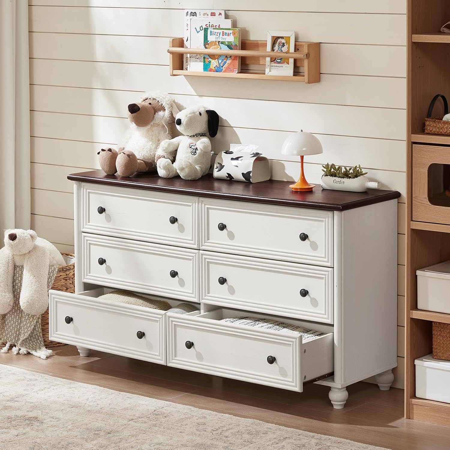 54 Inch Wide Farmhouse Wood Dresser with 6 Drawers Vintage Rustic Design for Bedroom Living Room - Image 7