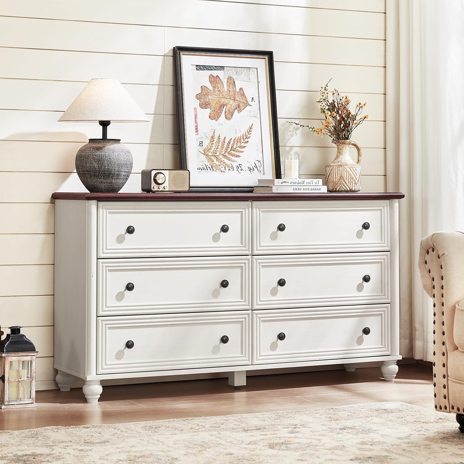 54 Inch Wide Farmhouse Wood Dresser with 6 Drawers Vintage Rustic Design for Bedroom Living Room - Image 6