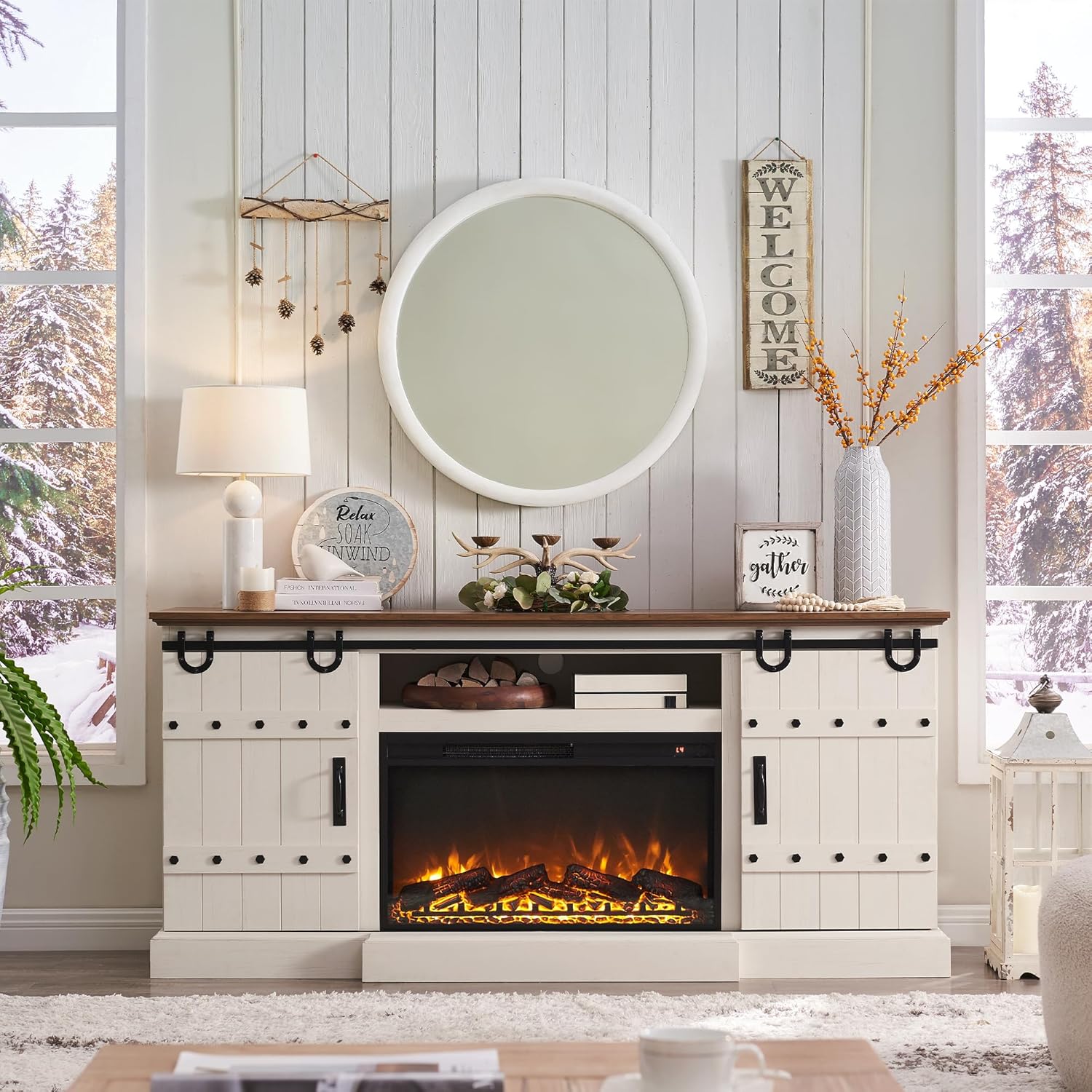 OKD 70 Inch Farmhouse Highboy TV Stand with 30 Inch Electric Fireplace, Rustic Antique White - Image 2