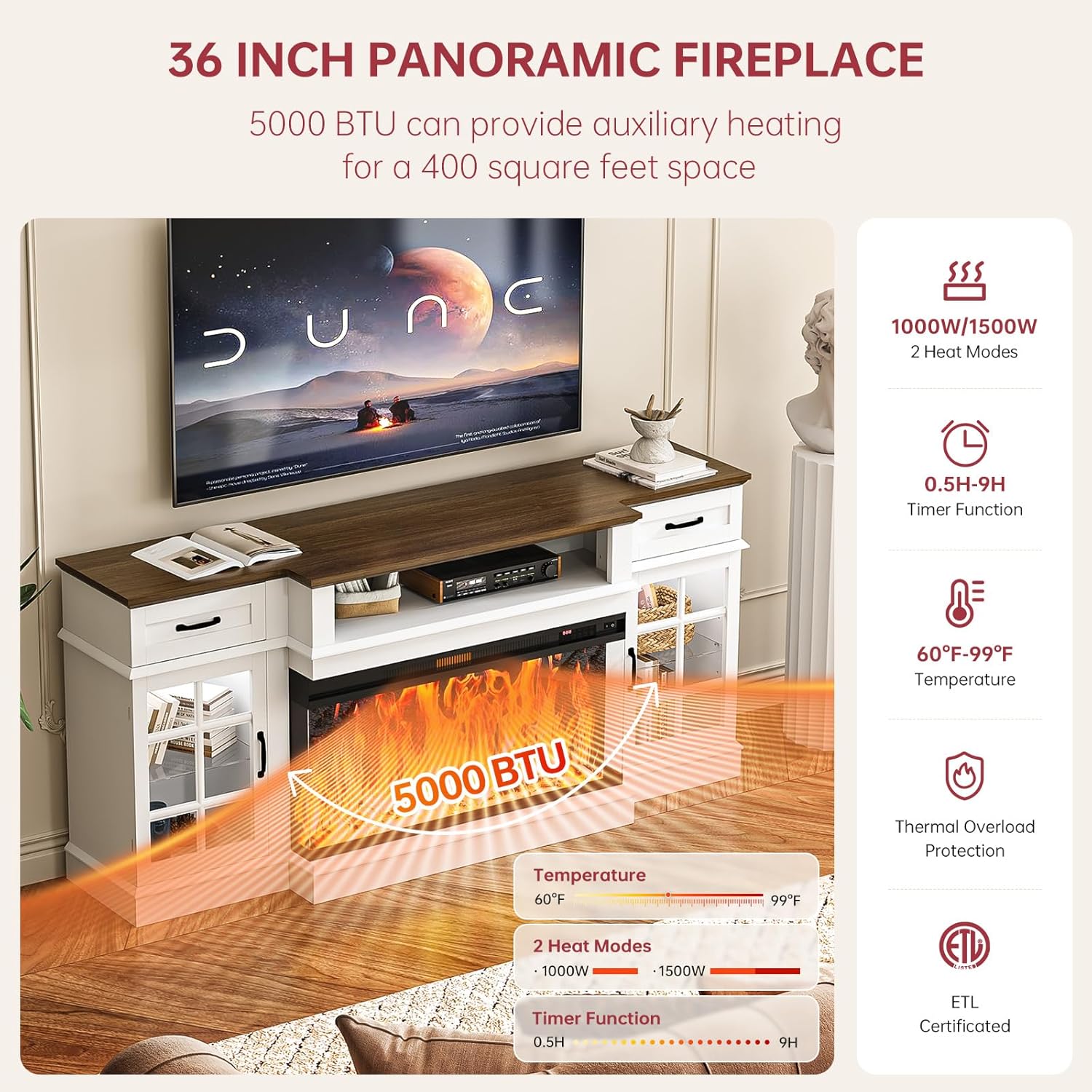 oneinmil 70 Inch Farmhouse White Fireplace TV Stand with 36 Inch Electric Fireplace and LED Lights - Image 3