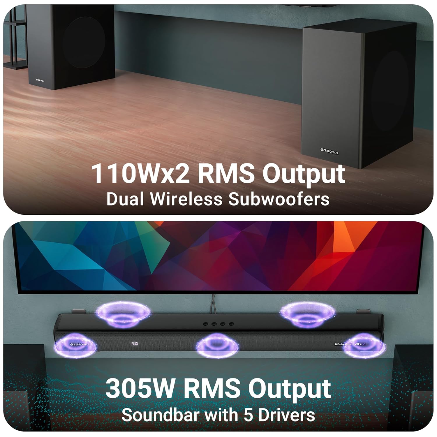 ZEBRONICS Juke BAR 9900 725W Dolby Atmos DTS X 7.2.2 Surround Soundbar Dual Wireless Subwoofer RGB LED - Image 5