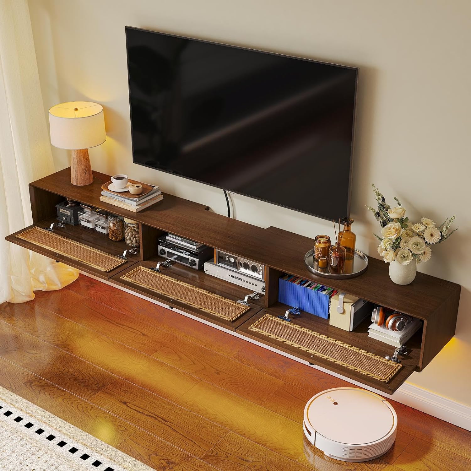 Rustic 55IN Floating TV Stand with 3 Rattan Doors, Modern Large Storage Media Console for Living Room - Image 5