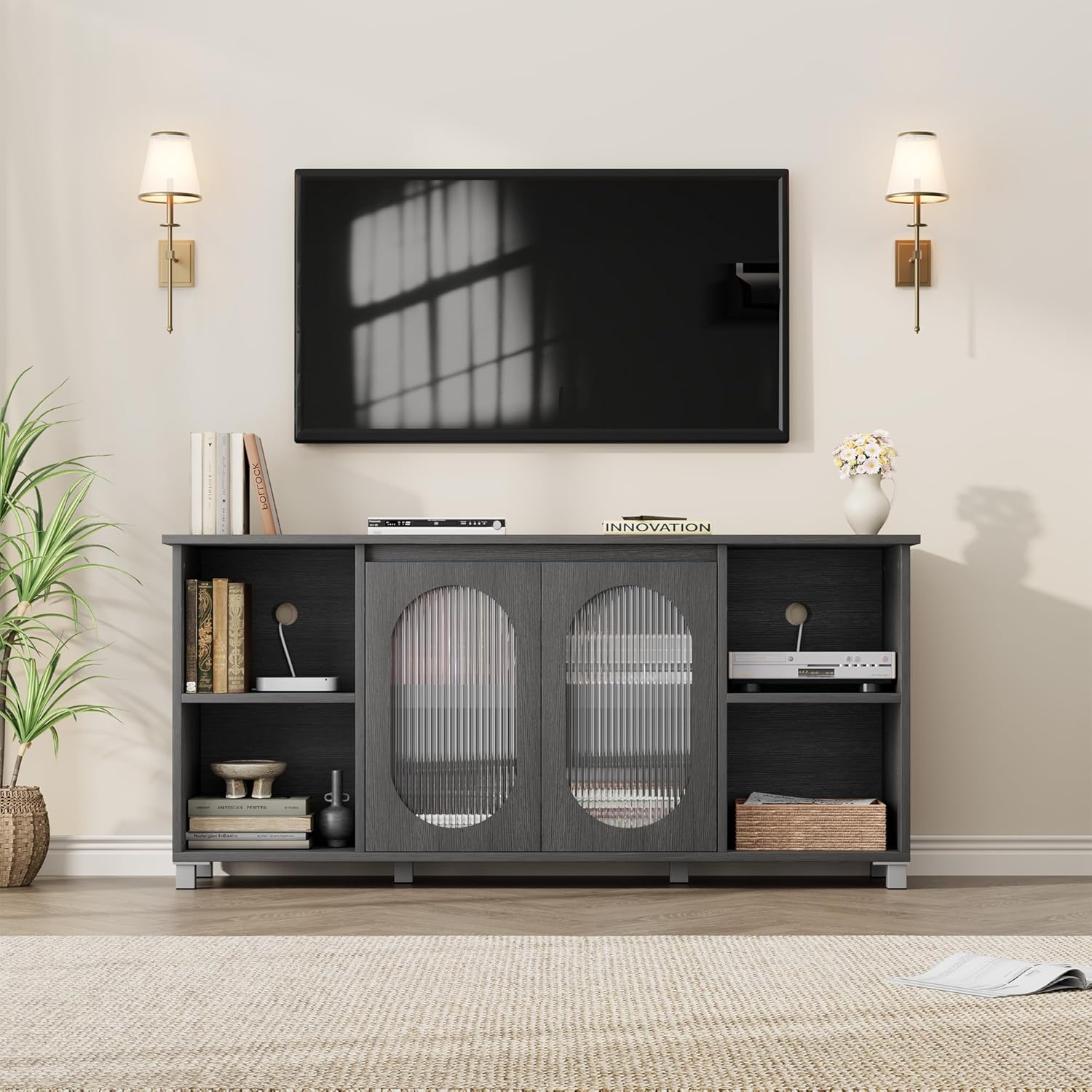 IDEALHOUSE 70 Inch Retro Black TV Stand with Corrugated Glass Cabinet Doors and 4 Open Shelves - Image 7