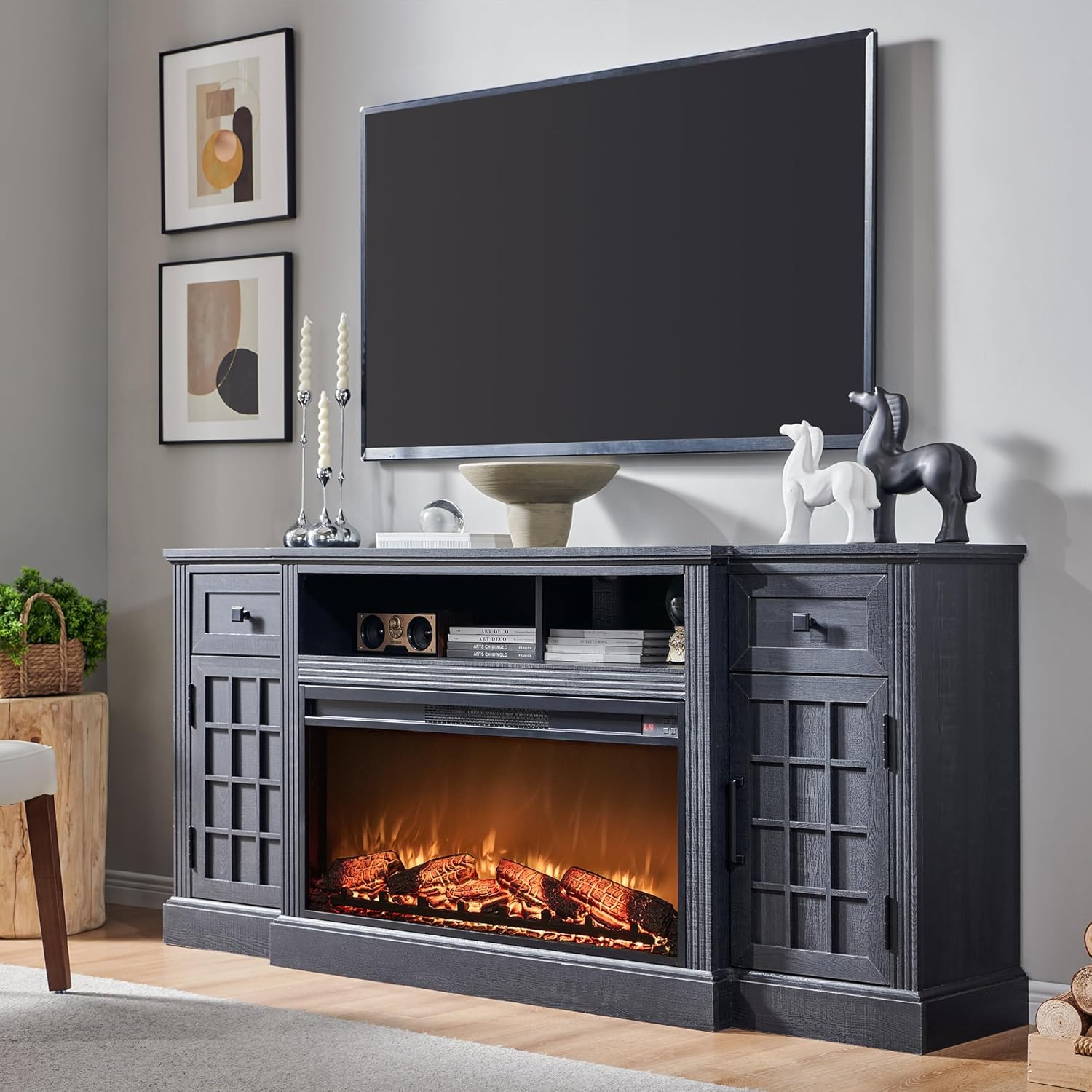 Farmhouse 70 Inch Black TV Stand with 36 Inch Electric Fireplace for TVs up to 80 Inches - Image 5