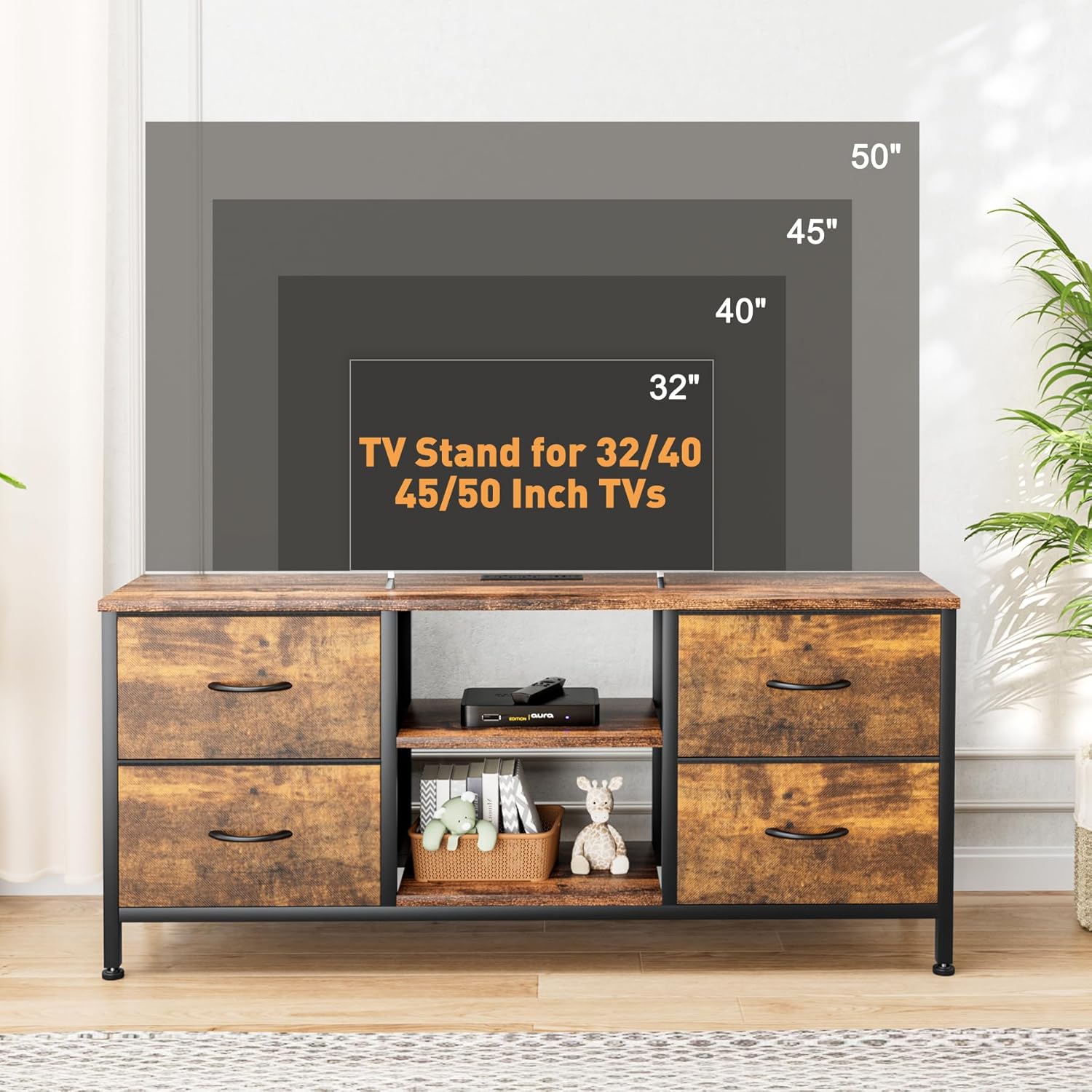 Rustic Brown TV Stand Dresser for 50 inch TVs with Power Outlet and 4 Fabric Drawers - Image 6