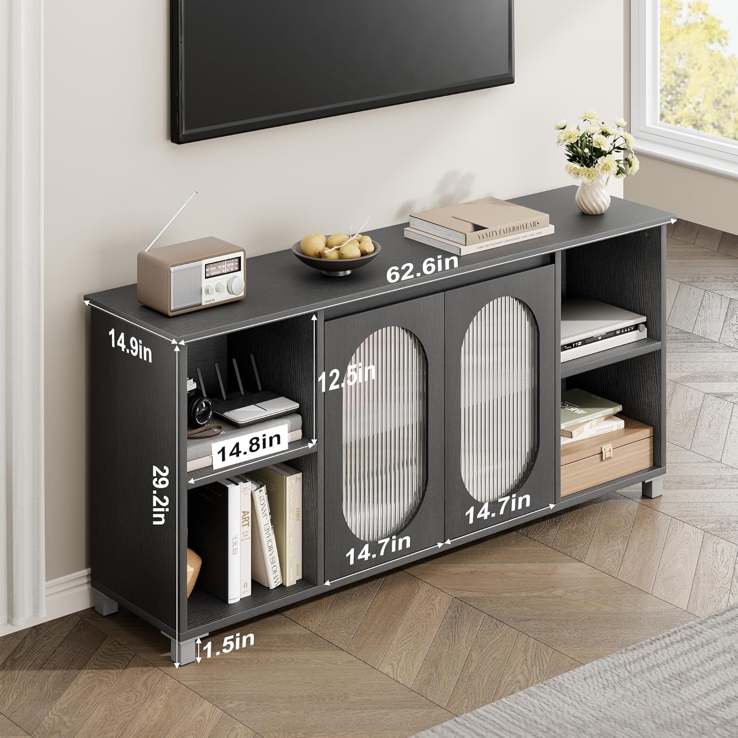 IDEALHOUSE 70 Inch Retro Black TV Stand with Corrugated Glass Cabinet Doors and 4 Open Shelves - Image 2