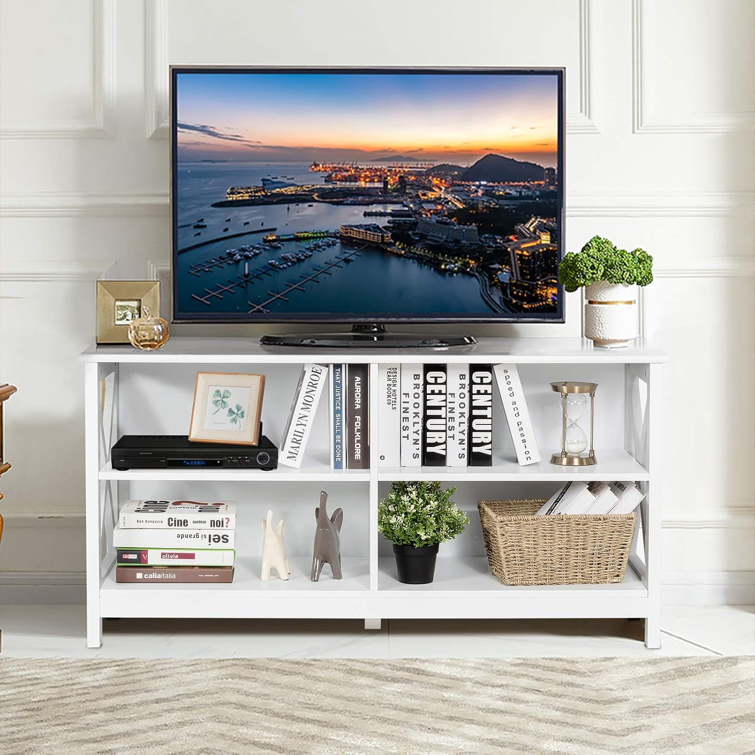 Tangkula White Farmhouse TV Stand Entertainment Center, 47 Inch, 4 Open Shelves, X-Frame - Image 3