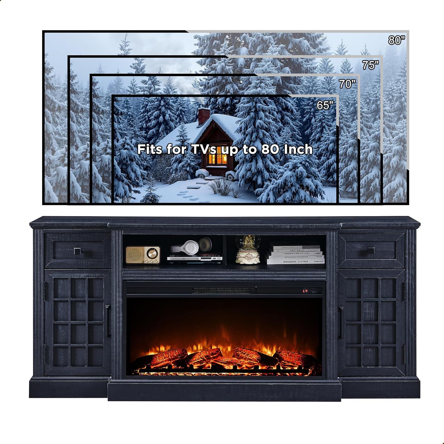 Farmhouse 70 Inch Black TV Stand with 36 Inch Electric Fireplace for TVs up to 80 Inches - Image 7