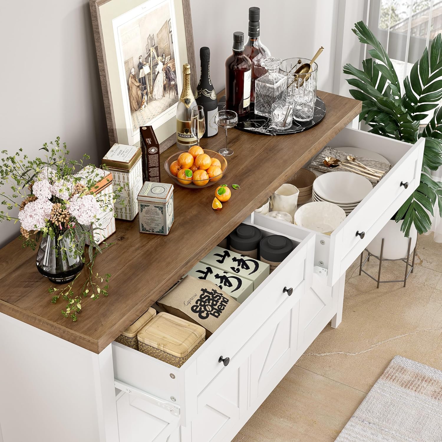 HOSTACK 55 Inch Modern Farmhouse Buffet Sideboard Cabinet with Drawers and Shelves White - Image 4