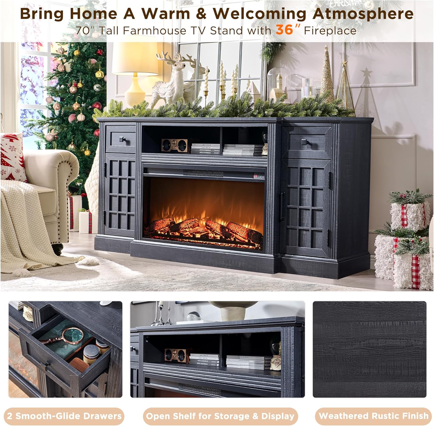 Farmhouse 70 Inch Black TV Stand with 36 Inch Electric Fireplace for TVs up to 80 Inches - Image 3