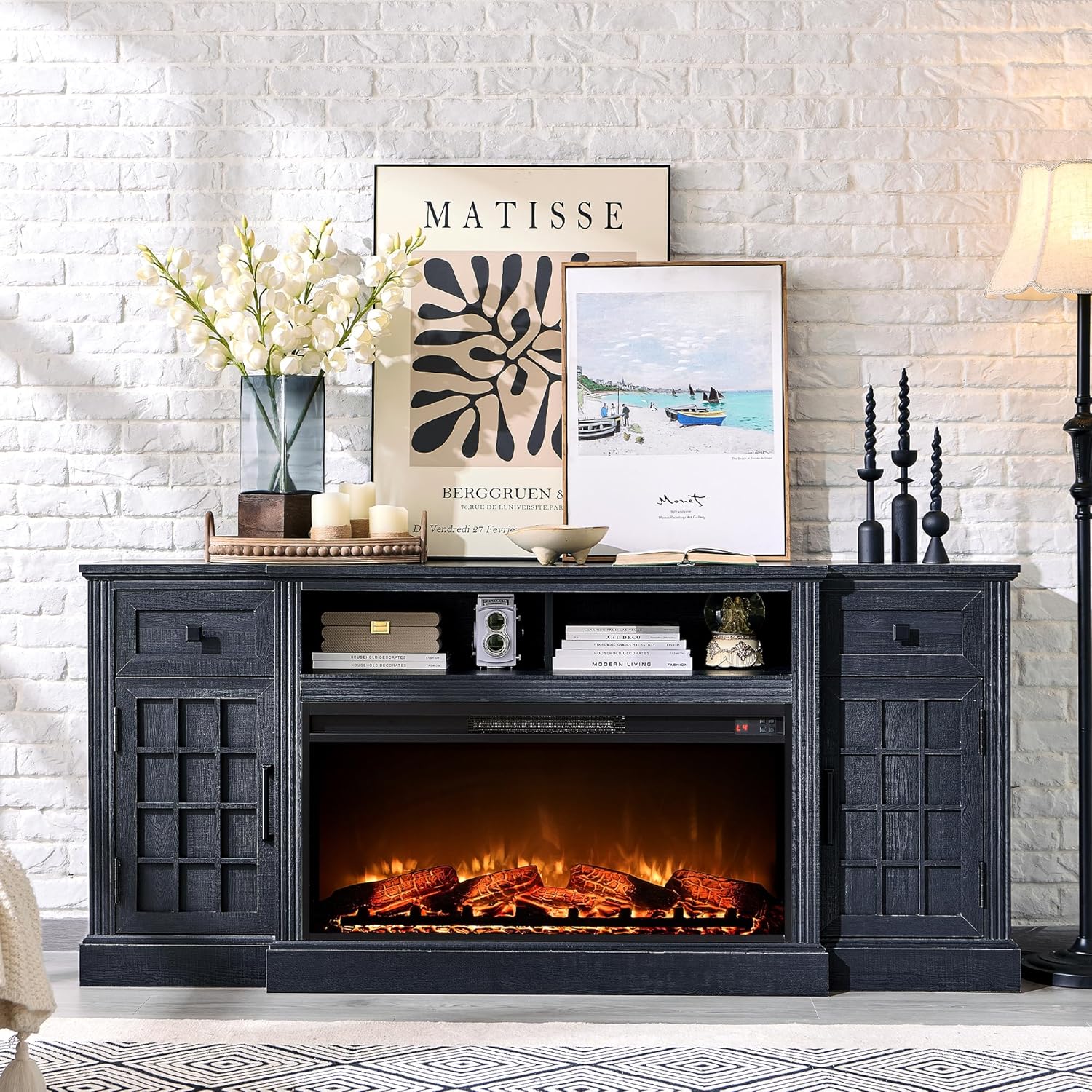 Farmhouse 70 Inch Black TV Stand with 36 Inch Electric Fireplace for TVs up to 80 Inches - Image 8