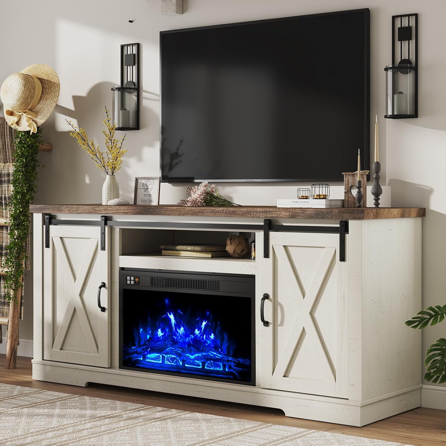 63-inch Farmhouse Fireplace TV Stand with Sliding Barn Door, Distressed White & Barnwood Finish, Holds TVs up to 73 Inches