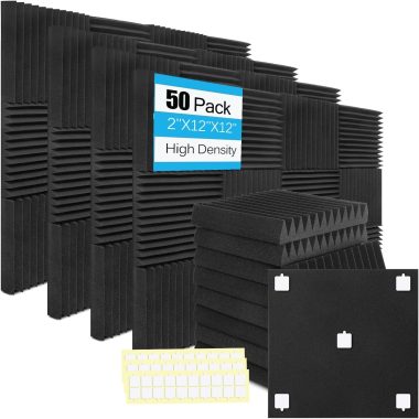 Sound Absorbing Acoustic Panels for Walls 2"x12"x12" Black 50 Pack Fire Resistant Studio Recording