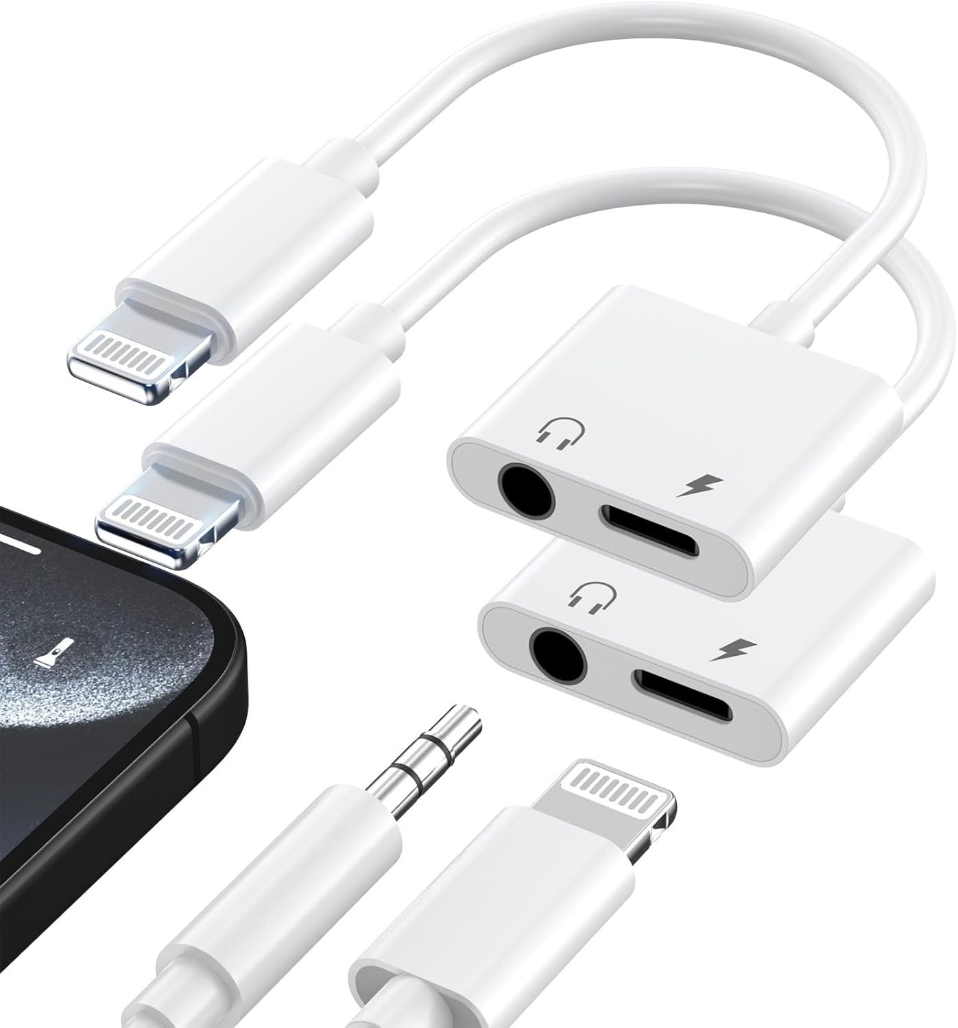 2 Pack Apple MFi Certified Lightning to 3.5mm Headphone Jack Aux Audio and Charger Splitter Dongle for iPhone