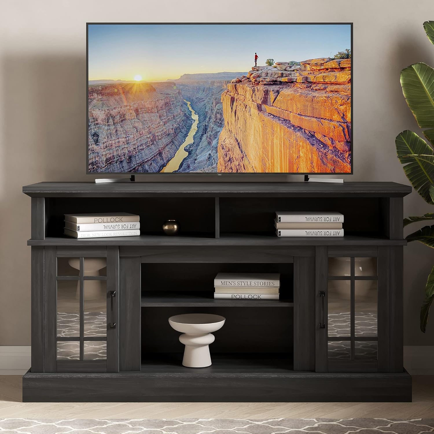 BELLEZE 58 Inch Rustic Grey TV Stand Entertainment Center for TVs up to 65" with Shelves and Glass Door Cabinets