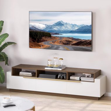 BELLEZE 70 Inch White Wood Media Console TV Stand with Storage Drawers and Shelves