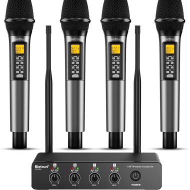 Bietrun 4-Channel UHF Wireless Microphone System with Echo, Treble, Bass, 160ft Range, Metal Handheld Dynamic Mics, Auto Connect