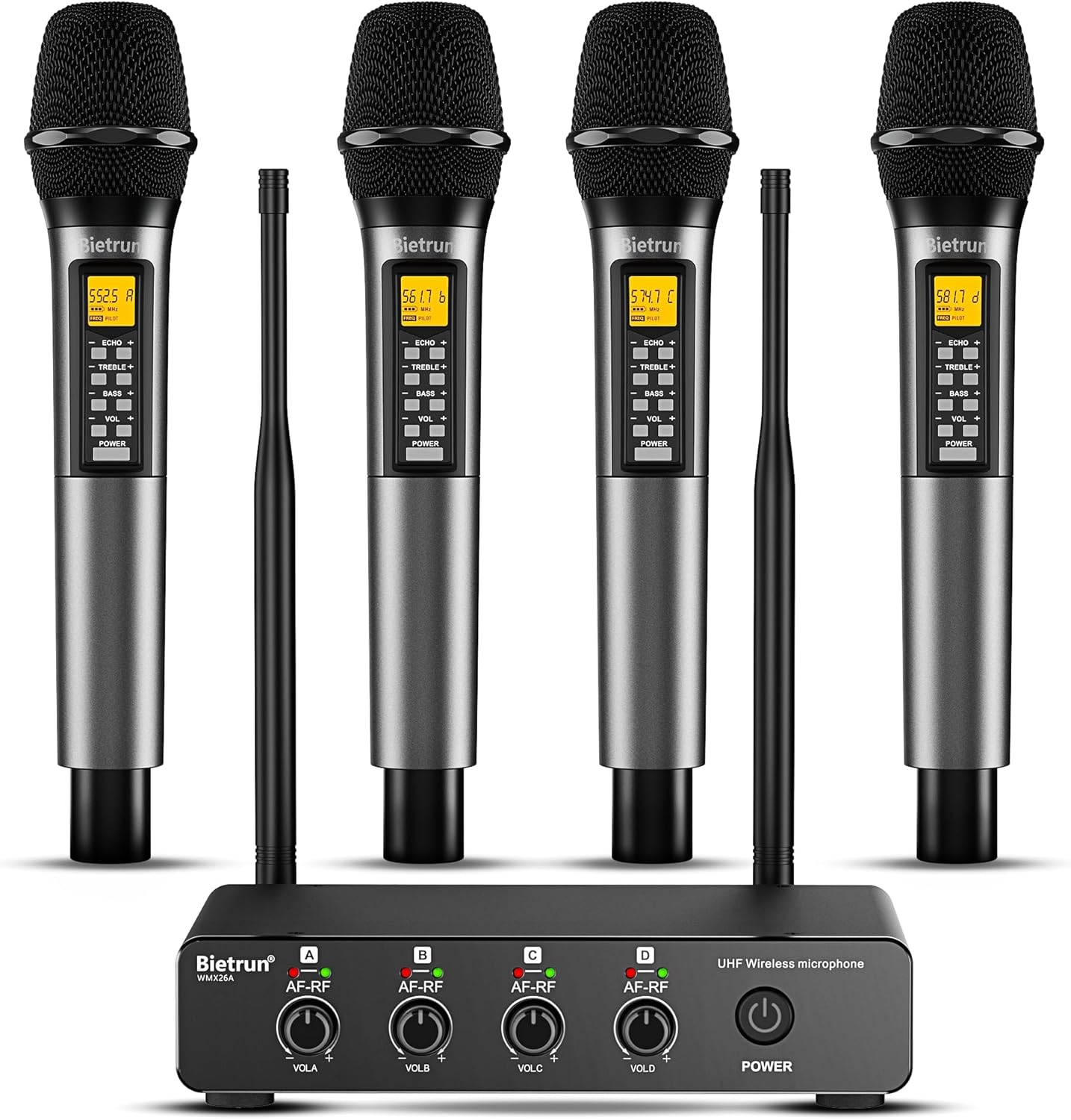 Bietrun 4-Channel UHF Wireless Microphone System with Echo, Treble, Bass, 160ft Range, Metal Handheld Dynamic Mics, Auto Connect