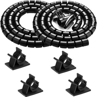VIWIEU 2 PCS Black Spiral Cable Management Tube with 4 Adhesive Clips for Cord Hiding TV Laptop Floor Home Office