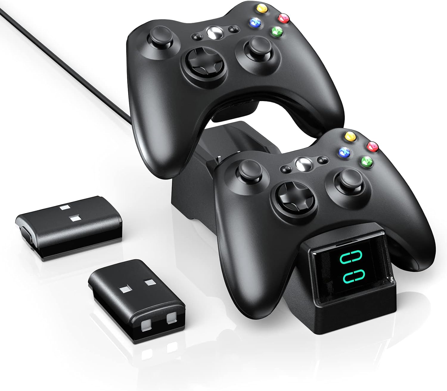 BOFFO Dual Controller Charger Dock for Xbox 360 with 2x 1200mAh Rechargeable Batteries and Charging Cable