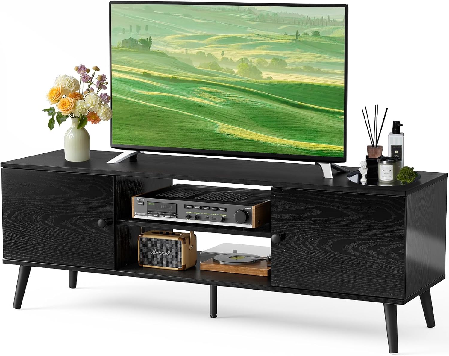 DUMOS Black Mid Century Modern TV Stand for 55-60 Inch TVs with Storage Cabinet