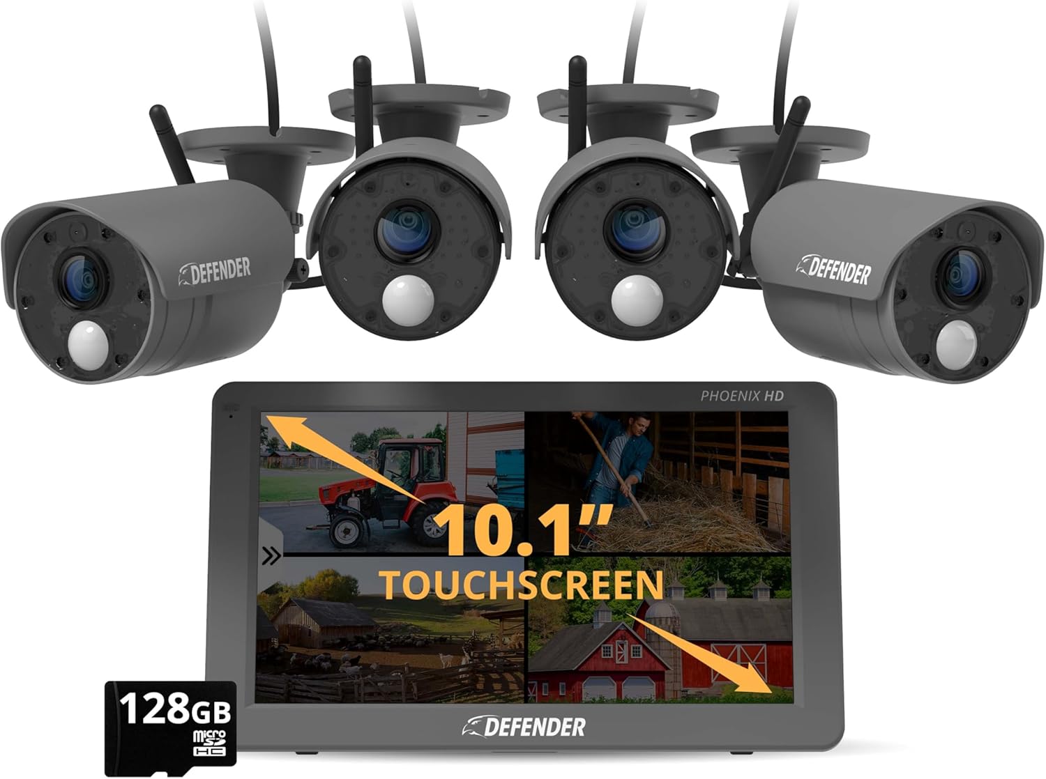 Defender PhoenixHD 1080p Wireless Security Camera System 4-Camera Kit with 10.1" Monitor 1000ft Range 128GB SD Card 2 Year Warranty