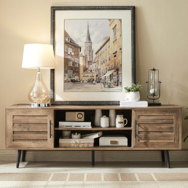EDYO LIVING 65-Inch Rustic Oak Mid Century Modern Wood TV Stand with Storage Cabinet and Open Shelf