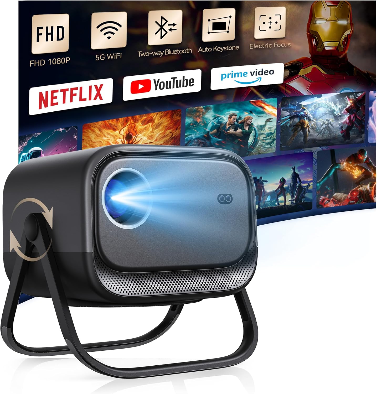 MEER 2025 Latest 1080P WiFi Bluetooth Auto Keystone Projector with Electric Focus and 360° Adjustable Stand