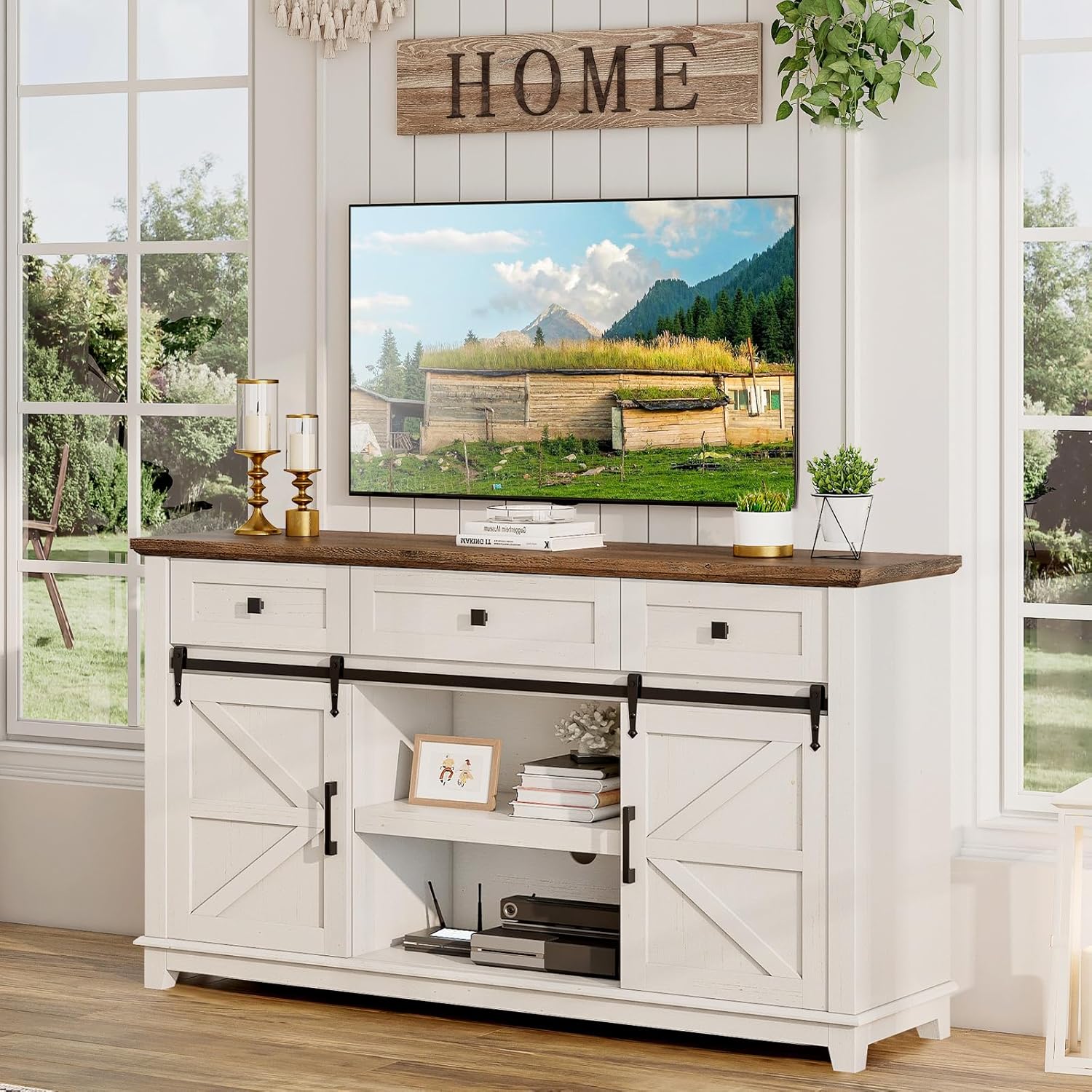 59 Inch Rustic White Barnwood Farmhouse TV Stand with Sliding Door and Drawer Buffet Storage