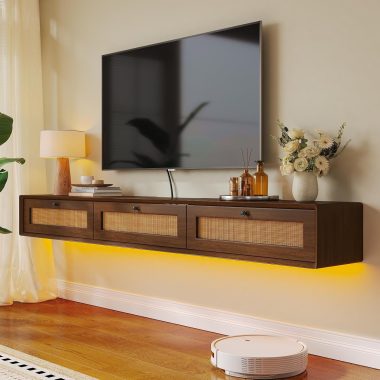 Rustic 55IN Floating TV Stand with 3 Rattan Doors, Modern Large Storage Media Console for Living Room
