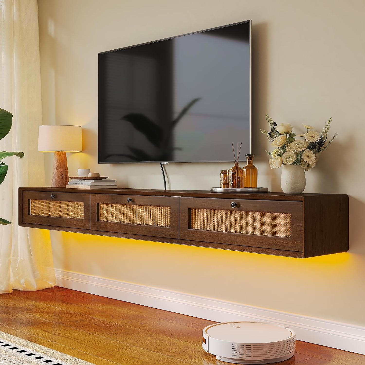 Rustic 55IN Floating TV Stand with 3 Rattan Doors, Modern Large Storage Media Console for Living Room