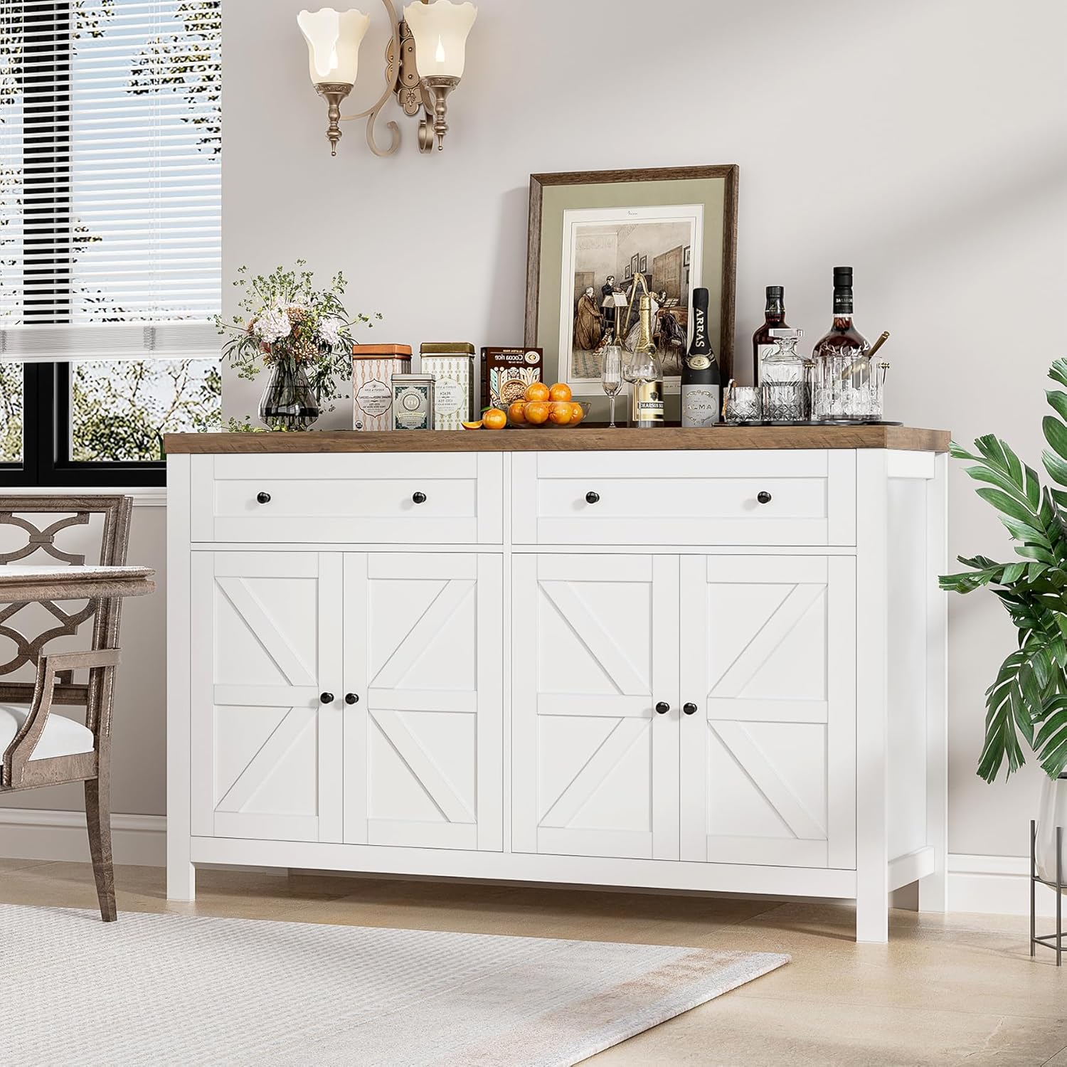 HOSTACK 55 Inch Modern Farmhouse Buffet Sideboard Cabinet with Drawers and Shelves White