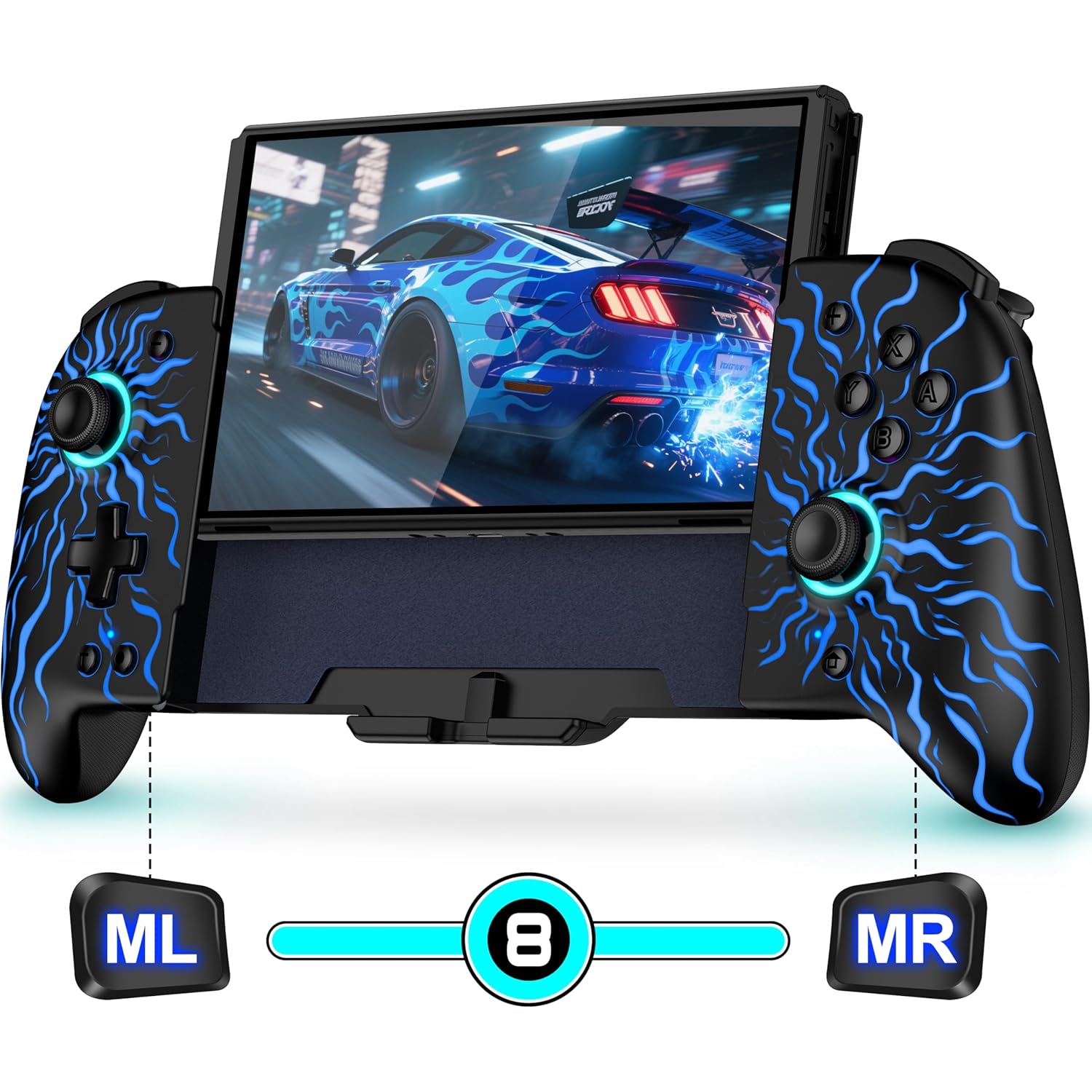 Wireless Hall Effect Joystick Controller for Nintendo Switch/OLED, One-Piece Ergonomic Handheld with Turbo and Macro, Flame Pattern