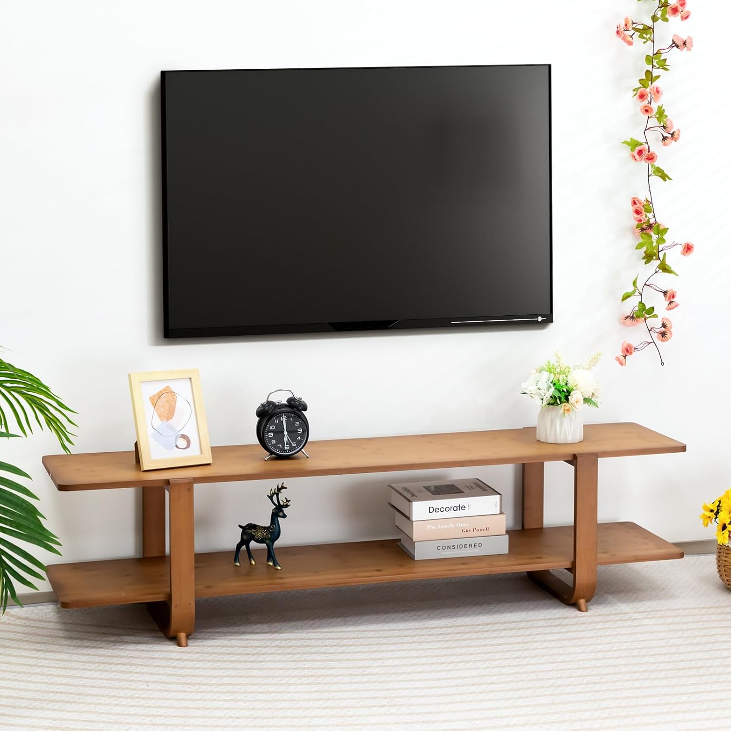 HollyHOME 55-inch Bamboo Modern TV Stand Walnut finish 2 Open Shelf Entertainment Center