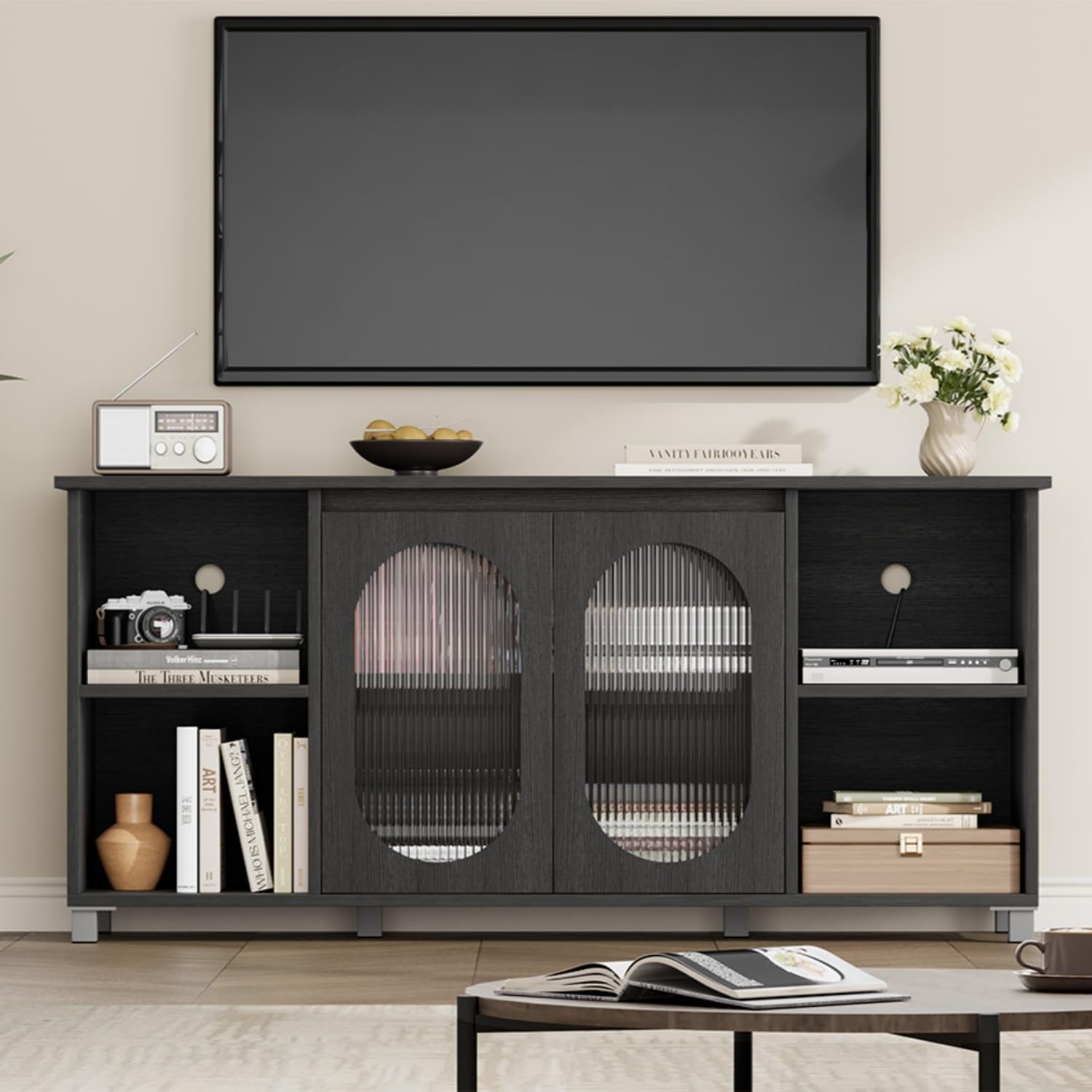 IDEALHOUSE 70 Inch Retro Black TV Stand with Corrugated Glass Cabinet Doors and 4 Open Shelves