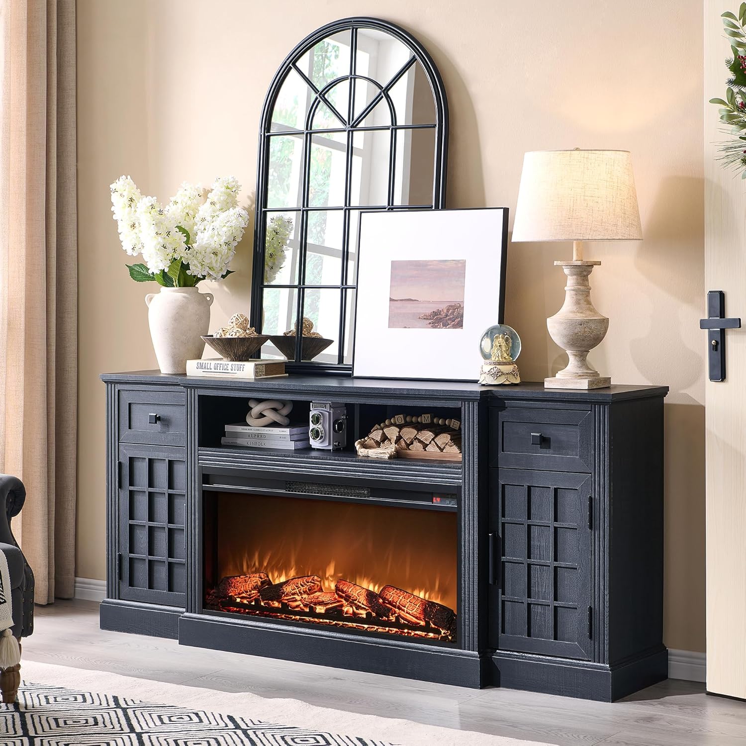 Farmhouse 70 Inch Black TV Stand with 36 Inch Electric Fireplace for TVs up to 80 Inches