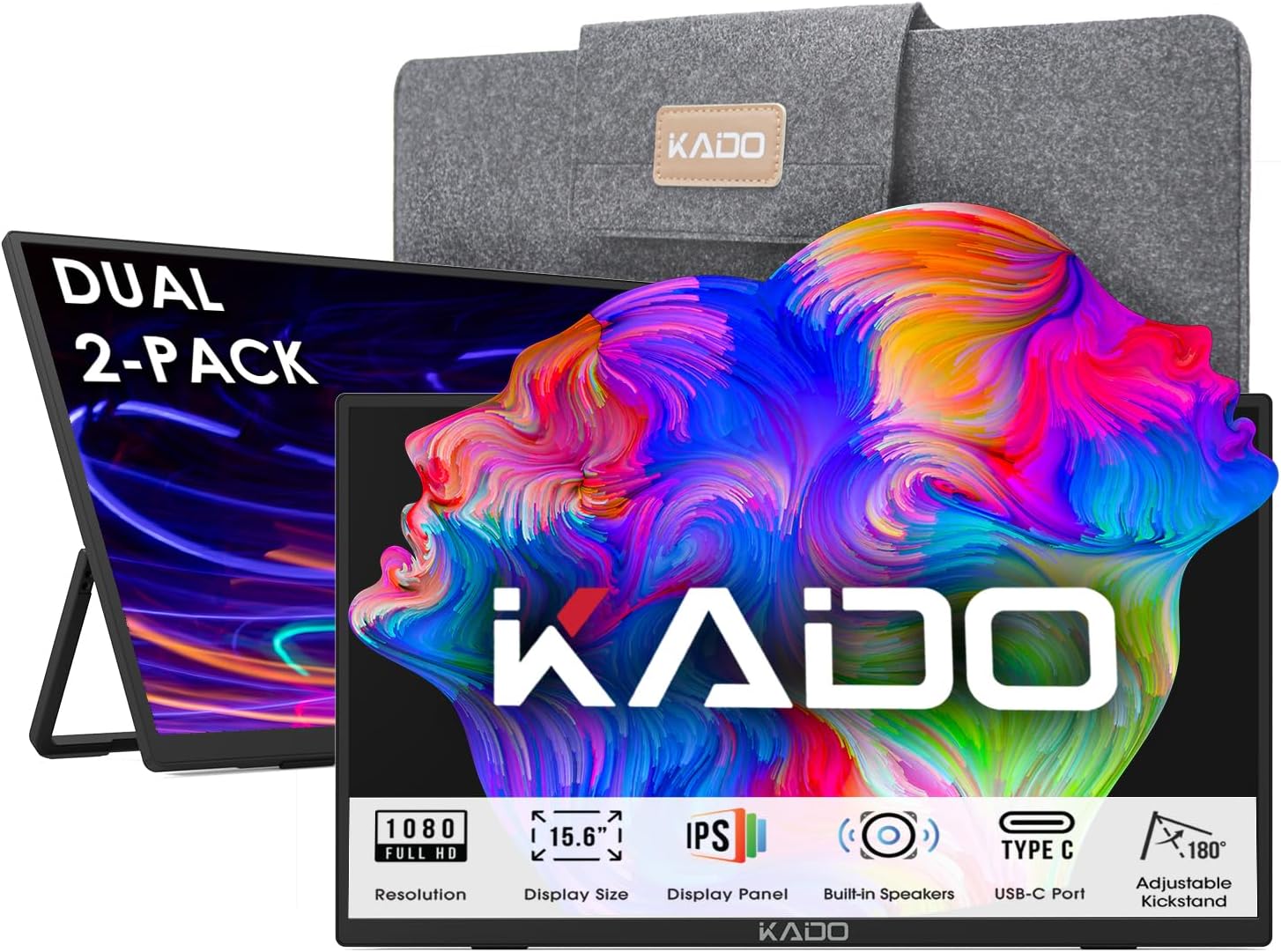 Kado Dual 15.6" FHD Portable Monitor 2-Pack, Stacked Office Gaming Daytrading Laptop Screen Extender