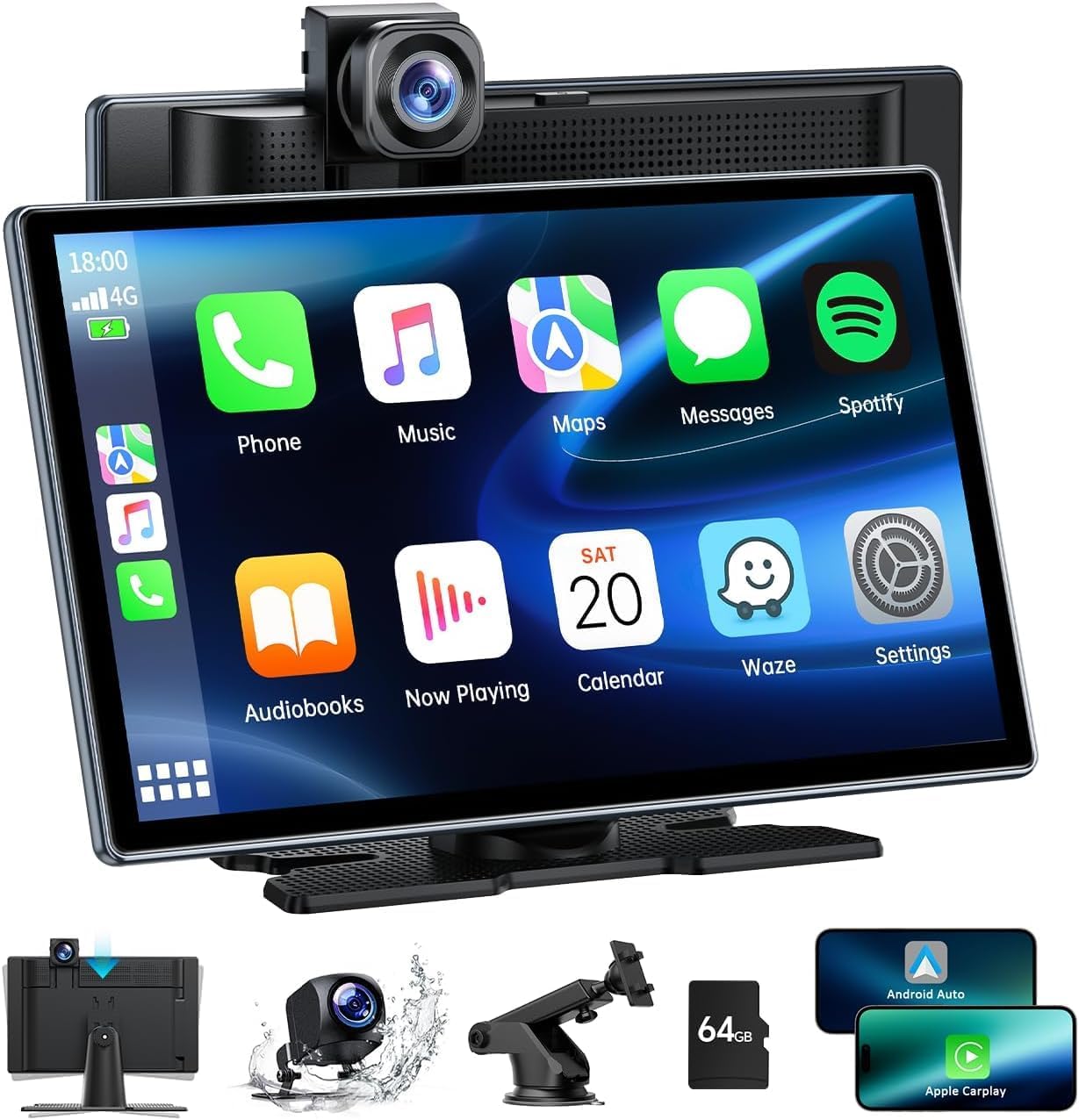 LAMTTO 9 Inch Wireless Portable Carplay Screen 4K Dashcam 1080p Backup Camera Apple Carplay Android Auto