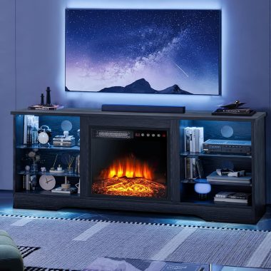 Lemberi 58 Inch Fireplace TV Stand for TVs up to 65 Inches Black Wooden Modern Entertainment Center with 18 Inch Electric Fireplace and LED Lights