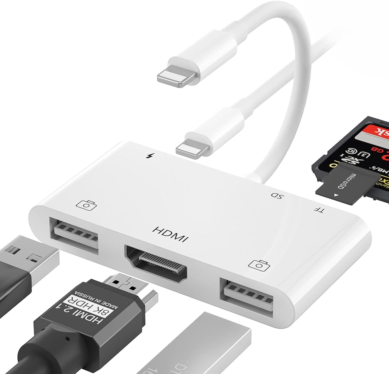 6-in-1 Lightning to HDMI Adapter for iPhone with TF/SD Card Reader, Charging Port, USB-C Hub for TV/Monitor
